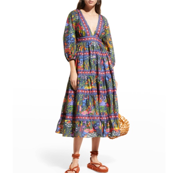 NWT $285 Farm Rio Animal Utopia Puff-Sleeve Printed Midi Dress in size Small!